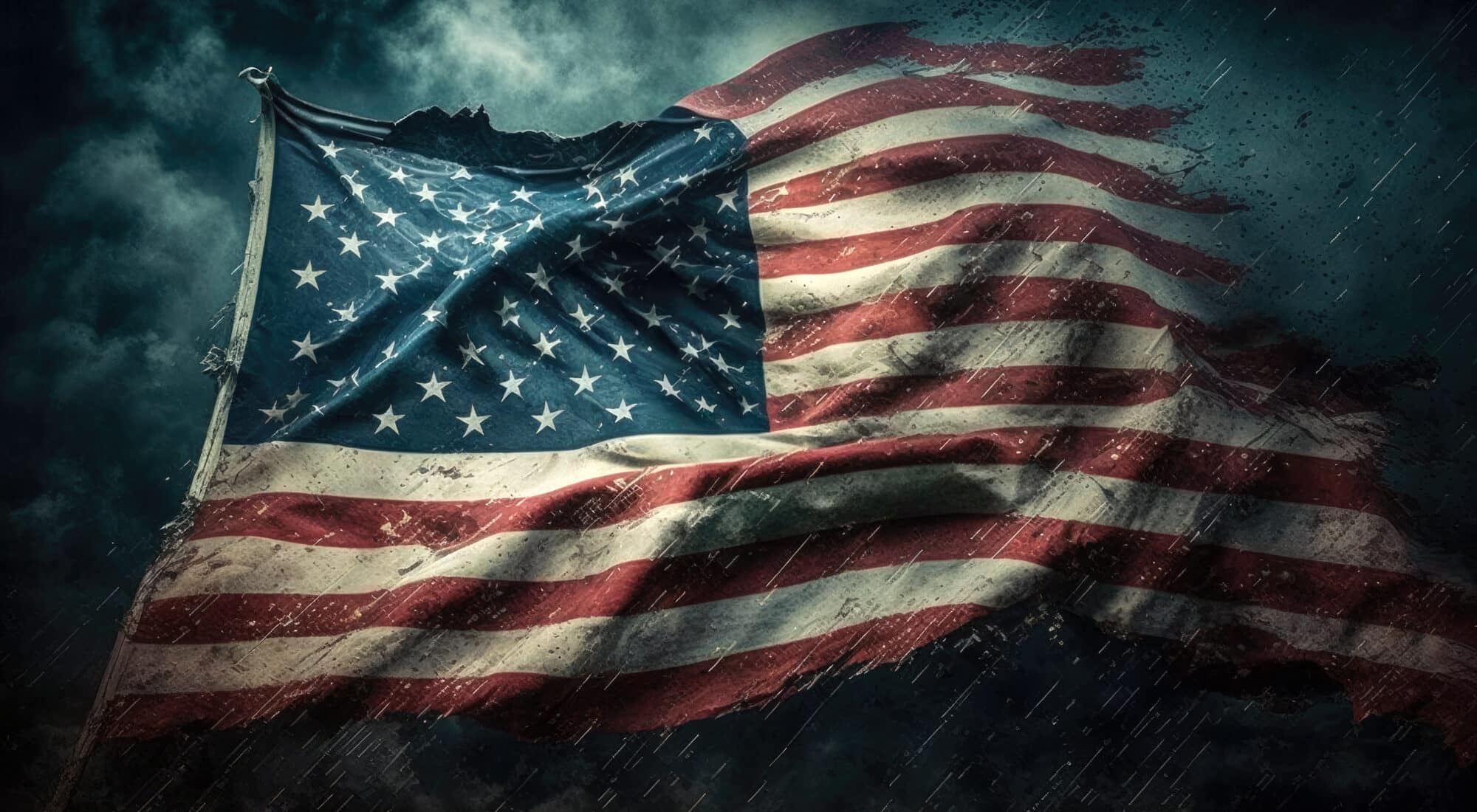 Die beschädigte Fahne der Vereinigten Staaten von Amerika vor dunklem Hintergrund.