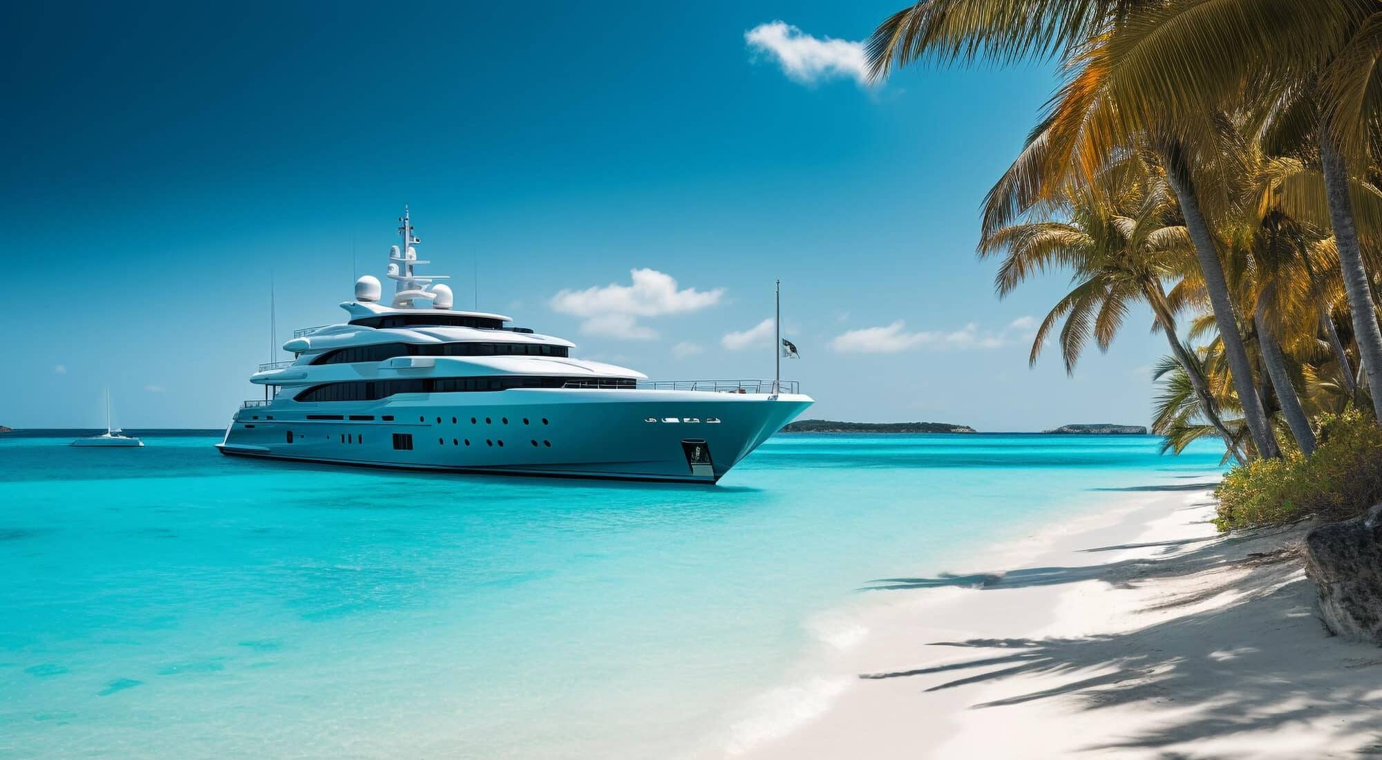 Eine Yacht vor einer karibischen Insel mit Beiboot.